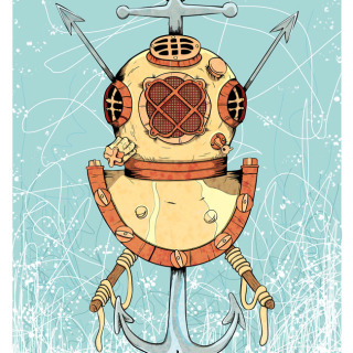 an illustration of an old fashioned diving helmet, harpoons, and and anchor. All vector.