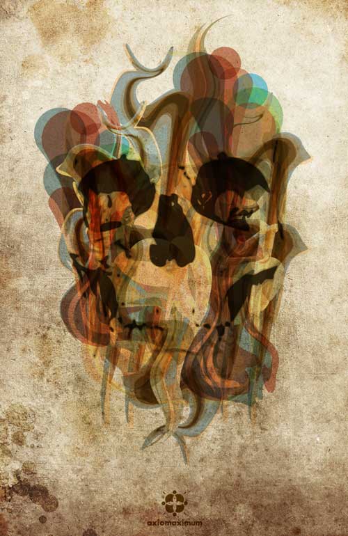 skull shape laid on textured background and various pastel colored shapes