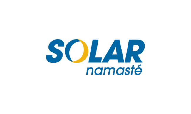 Solar Namaste in blue text with a golden o