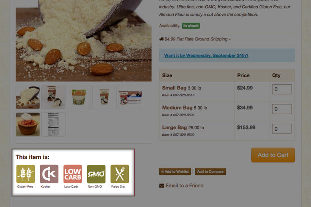 Magento product view page with product badges