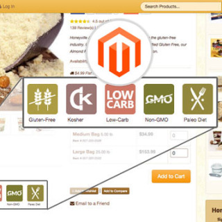 Product view page for Magento with attributes displayed as badges.