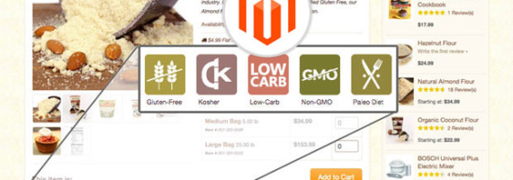 Product view page for Magento with attributes displayed as badges.