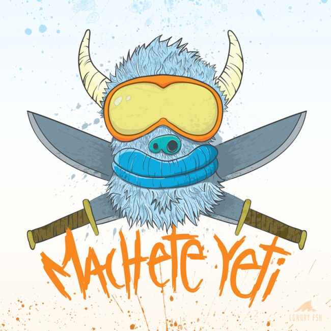 Vector Illustration of a yeti's head and two machetties alligned like skull and cross bones and splatters 