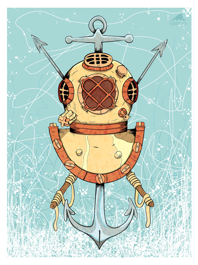 an illustration of an old fashioned diving helmet, harpoons, and and anchor. All vector. 