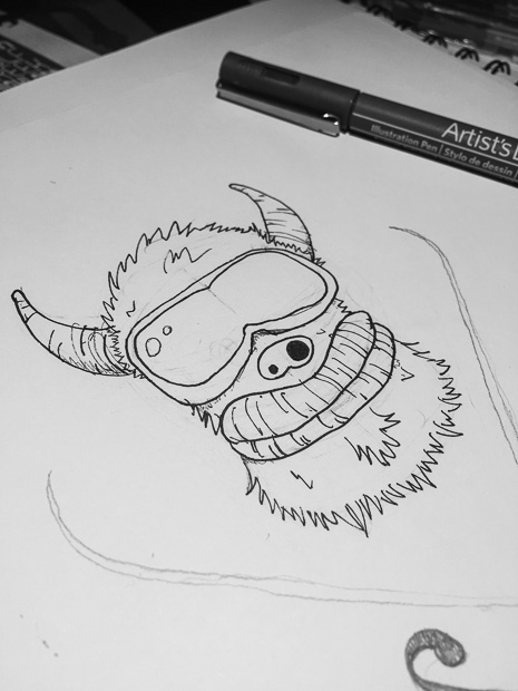 Sketch of the yeti head wearing goggles